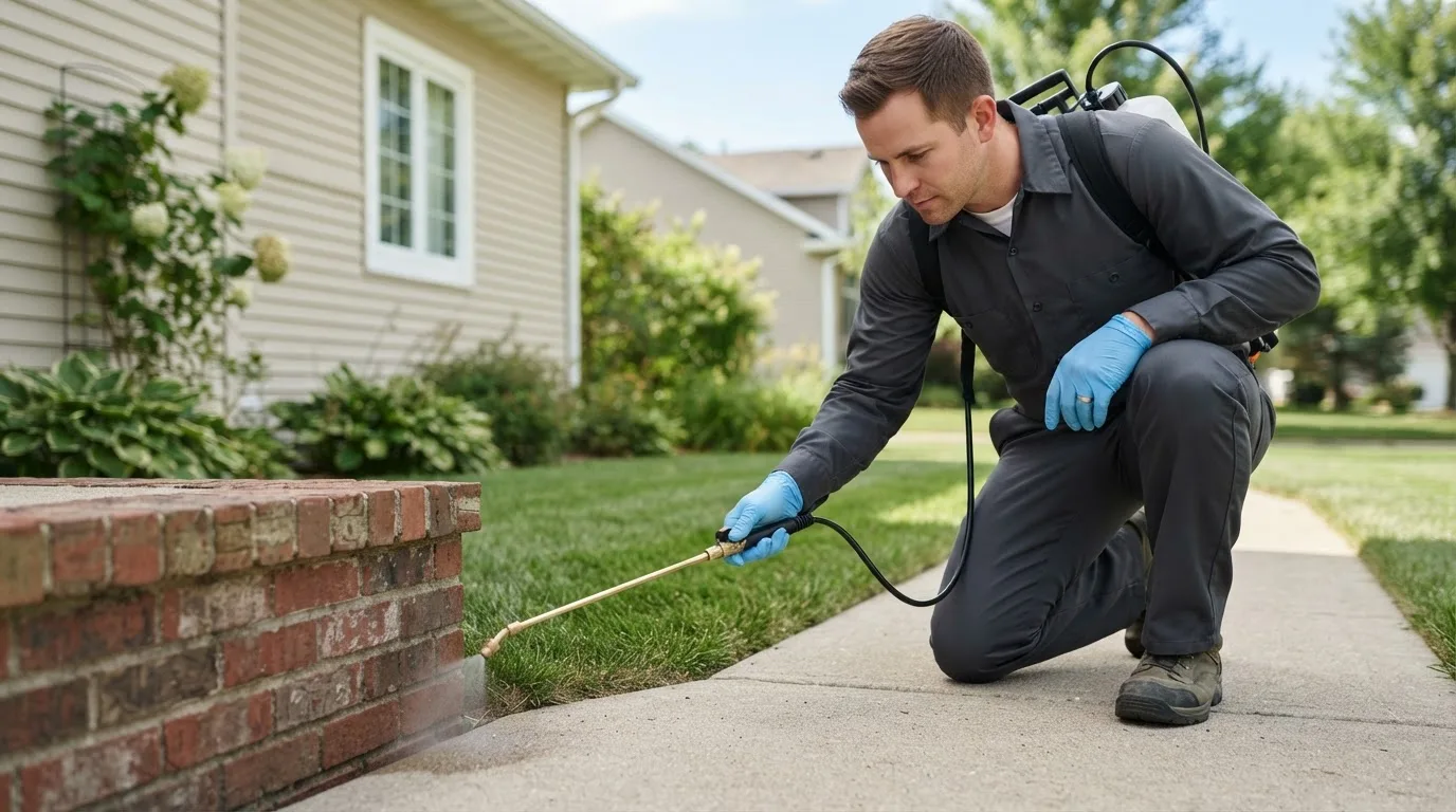 Pest control technician treating a home near Sawyer, KS